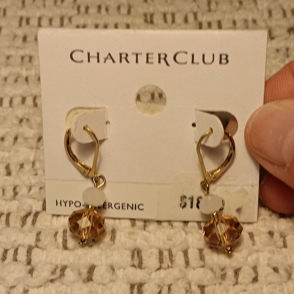 Charter Club faceted champagne & milk color beads dainty dangle earrings NWT